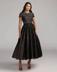 Mac Duggal 56255 Black Ivory pearl beaded tulle tea length dress - front
