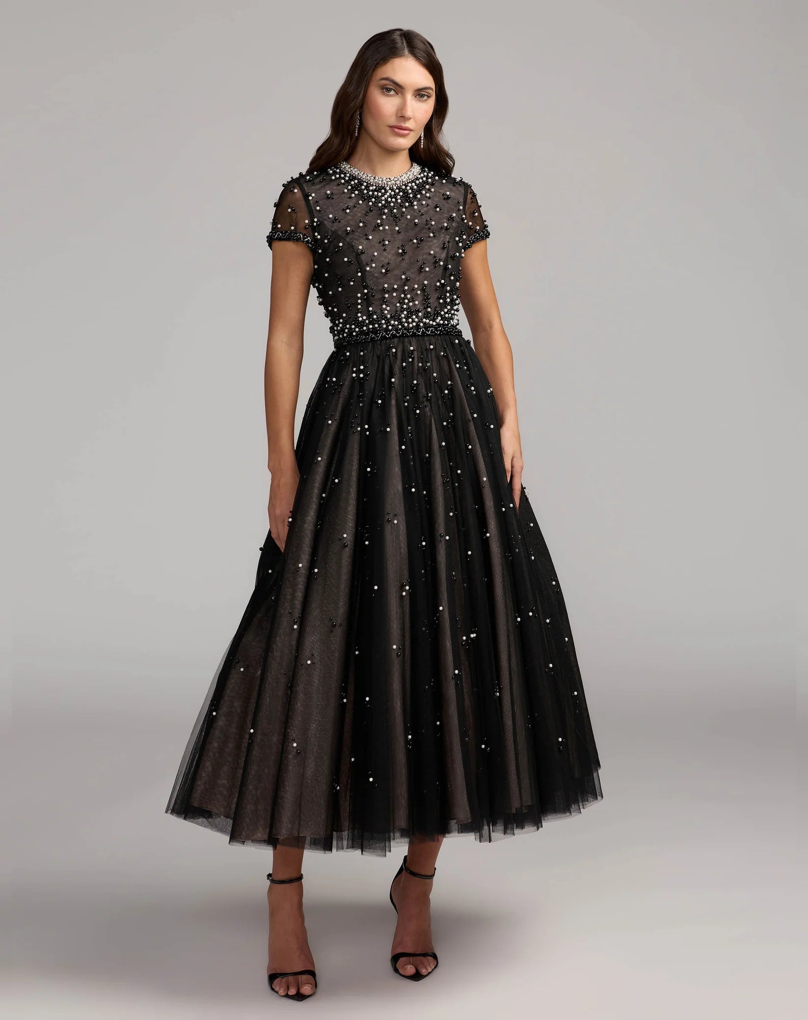 Mac Duggal 56255 Black Ivory pearl beaded tulle tea length dress - front