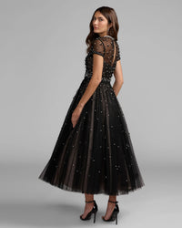Mac Duggal 56255 Black Ivory pearl beaded tulle tea length dress - back