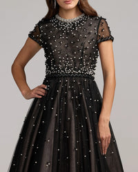 Mac Duggal 56255 Black Ivory pearl beaded tulle tea length dress - detail