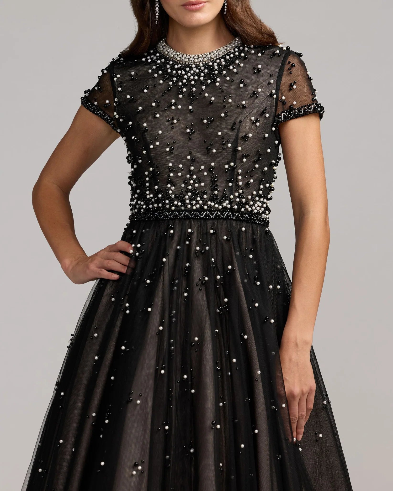 Mac Duggal 56255 Black Ivory pearl beaded tulle tea length dress - detail