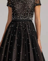 Mac Duggal 56255 Black Ivory pearl beaded tulle tea length dress - close-up