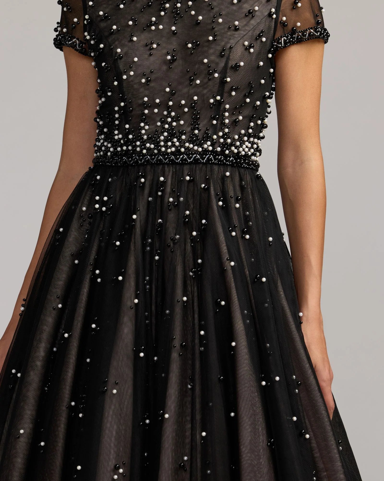 Mac Duggal 56255 Black Ivory pearl beaded tulle tea length dress - close-up