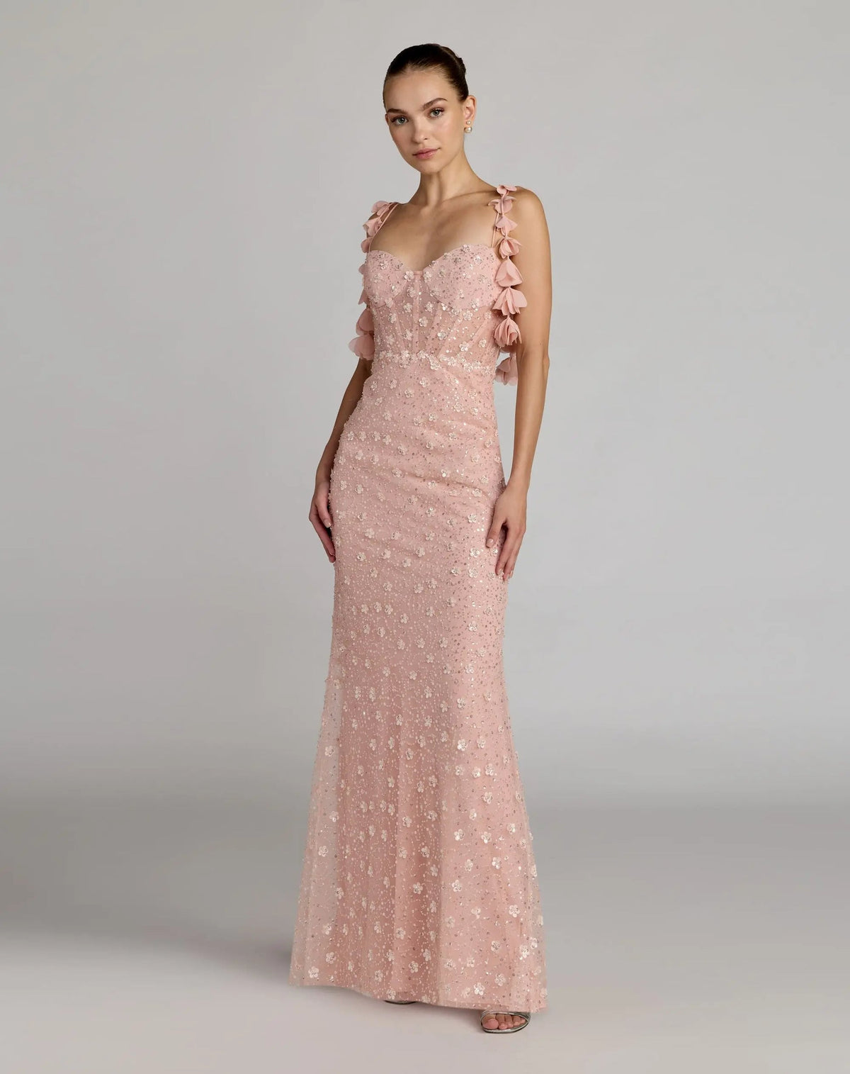 Mac Duggal Pink Sweetheart Neck Embellished Gown With Floral Detail #56259 Rose Gold