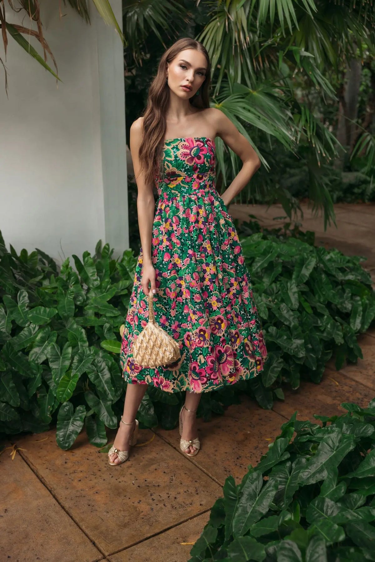 Mac Duggal Green Strapless Floral Embroidered Midi Dress #56265