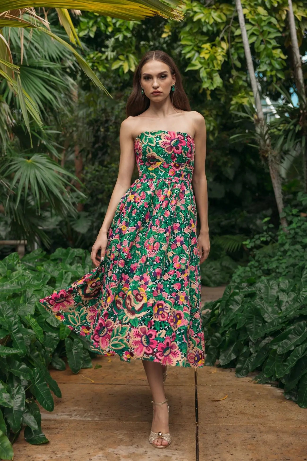 Mac Duggal Green Strapless Floral Embroidered Midi Dress #56265