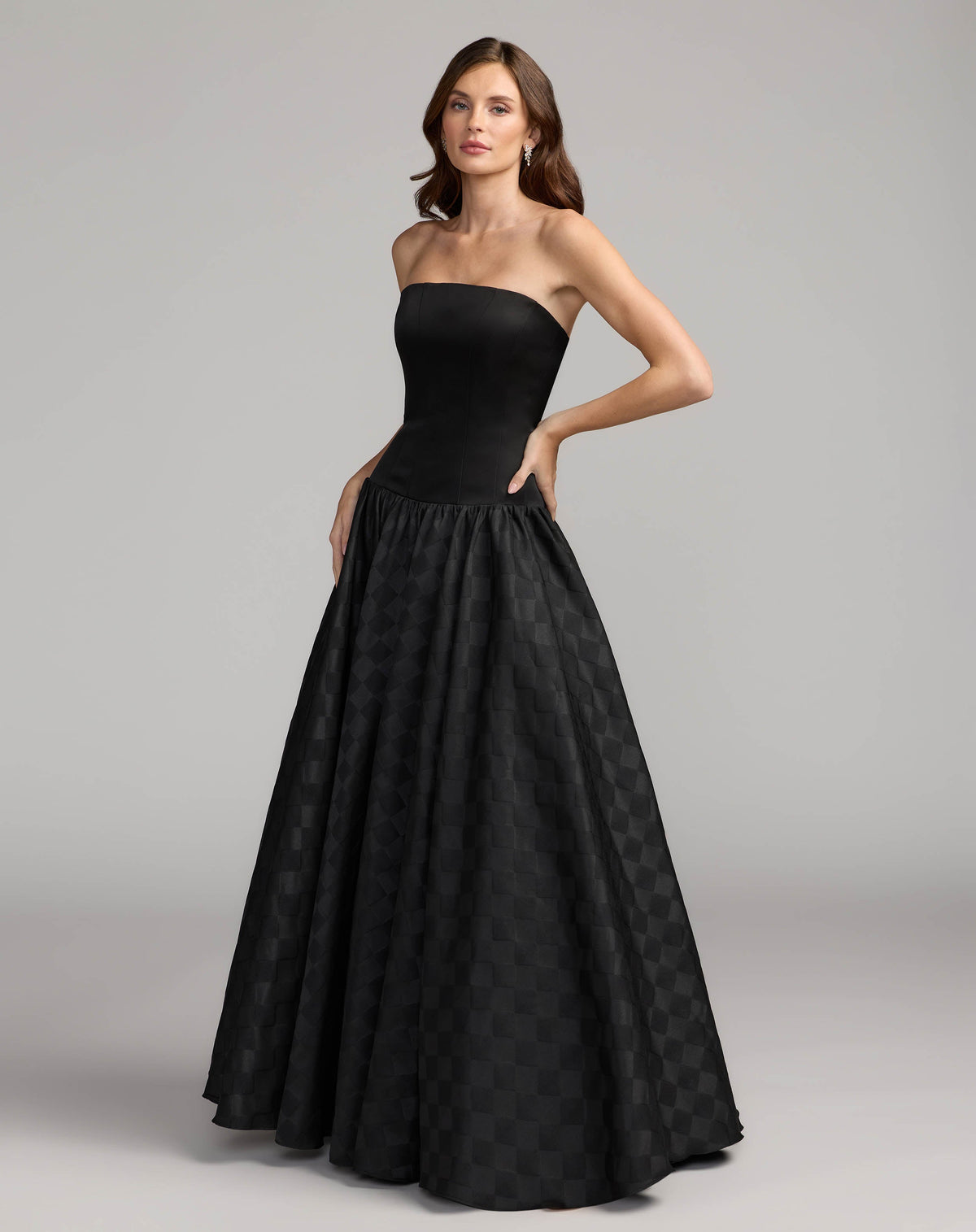 Mac Duggal #56269 black strapless satin drop waist gown