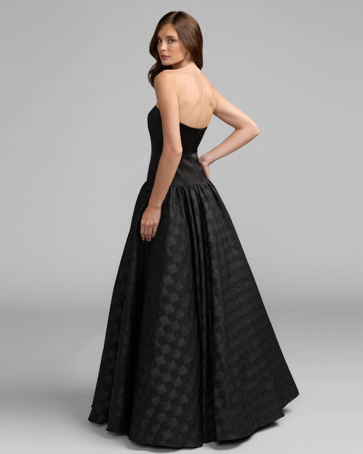 Mac Duggal #56269 black strapless satin drop waist gown back view