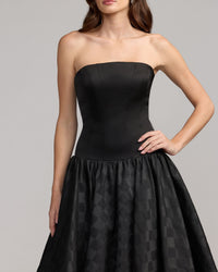 Mac Duggal #56269 black strapless satin drop waist gown close-up