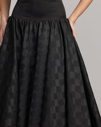 Mac Duggal #56269 black strapless satin drop waist gown close-up