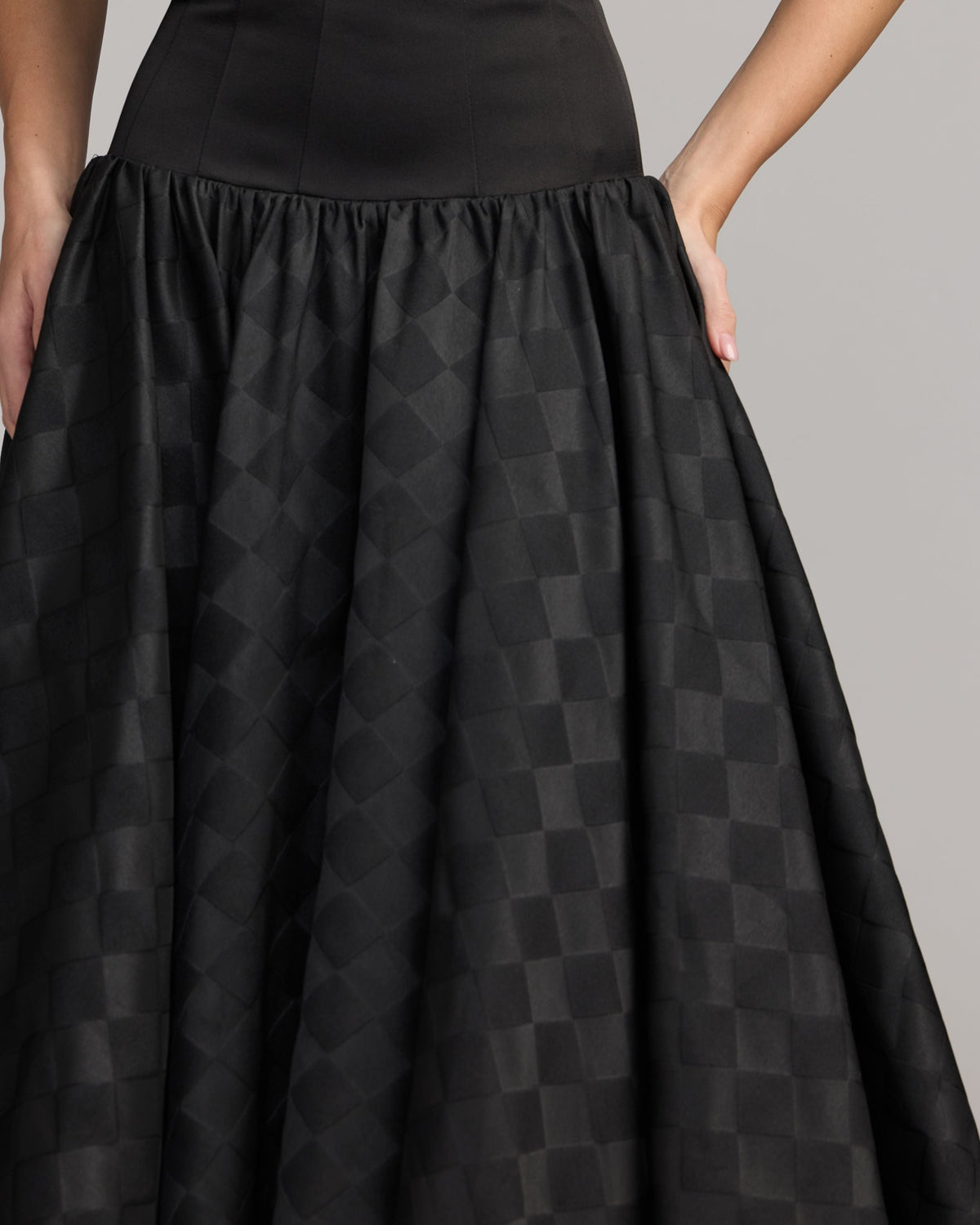 Mac Duggal #56269 black strapless satin drop waist gown close-up