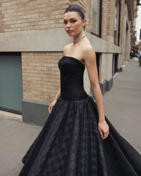 Mac Duggal #56269 black strapless satin drop waist gown lifestyle