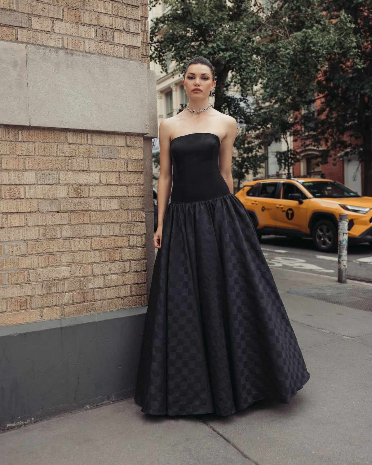 Mac Duggal #56269 black strapless satin drop waist gown lifestyle