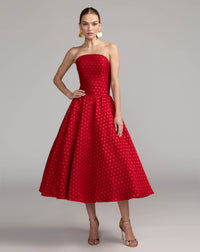 Mac Duggal #56273 red multi strapless polka dot brocade midi dress
