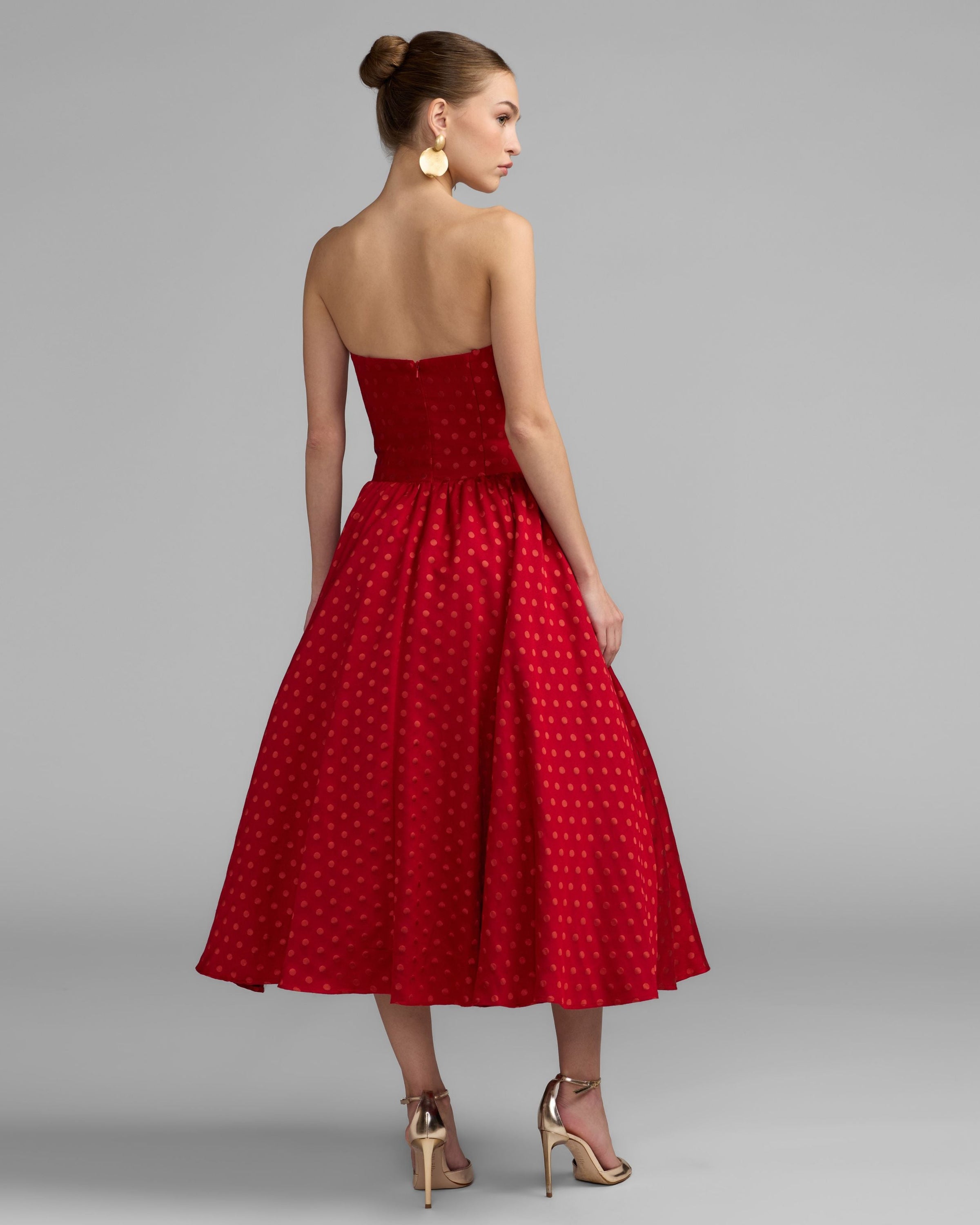 Mac Duggal #56273 red multi strapless midi dress back view