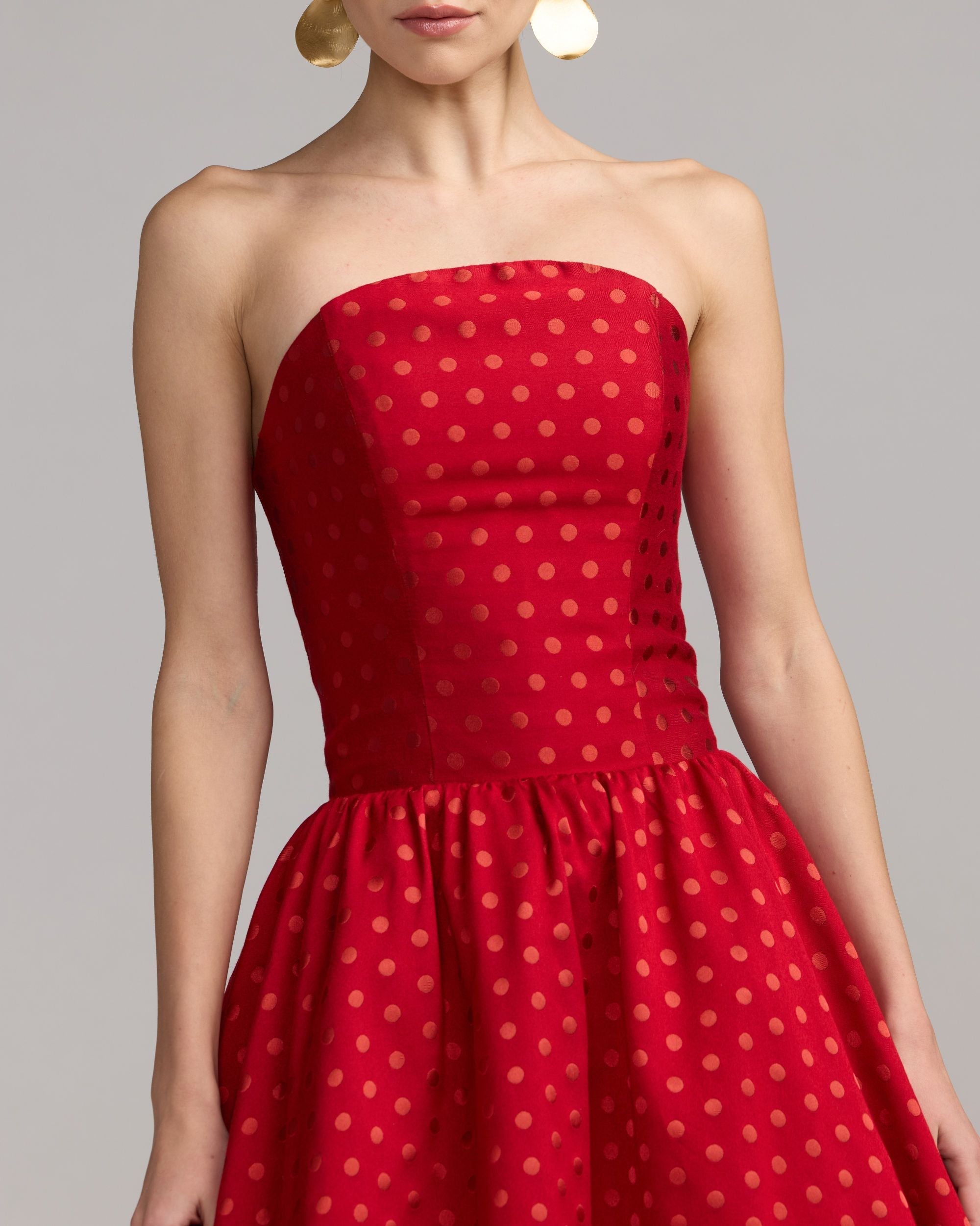 Mac Duggal #56273 red multi polka dot brocade bodice close up