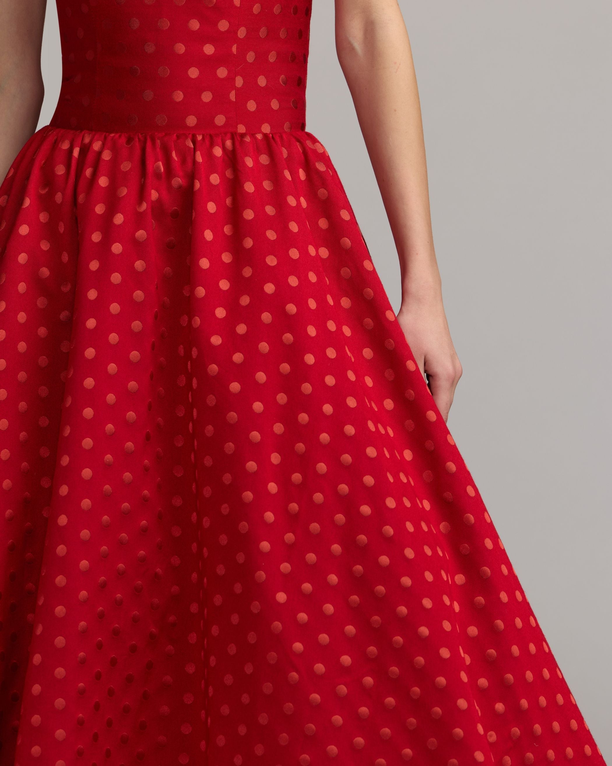 Mac Duggal #56273 red multi polka dot brocade fabric detail