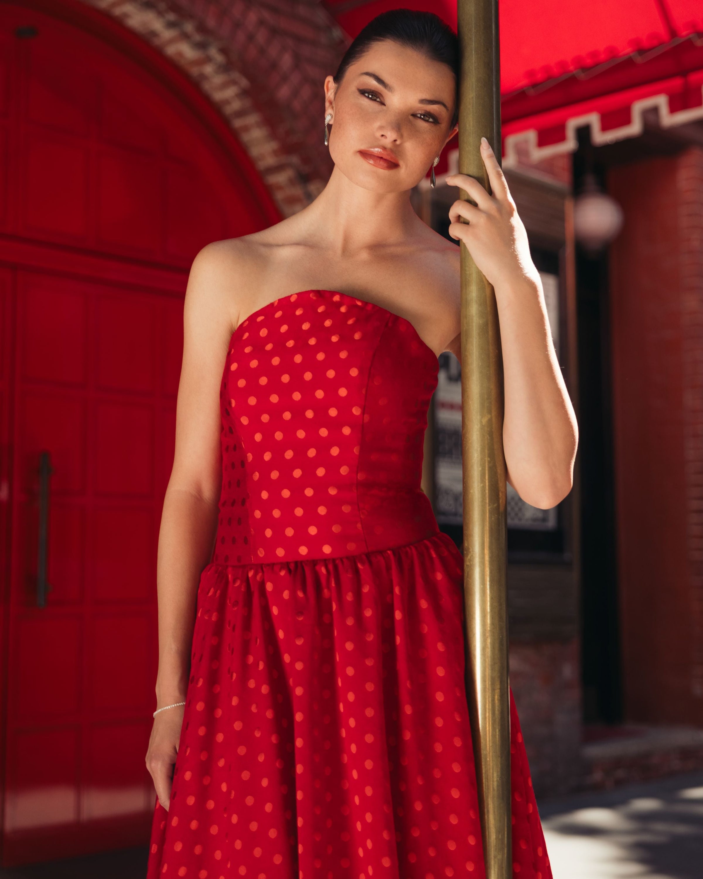 Mac Duggal #56273 red multi polka dot brocade midi dress lifestyle alternate
