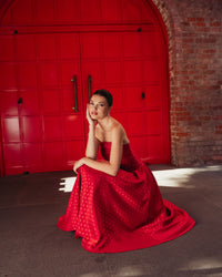 Mac Duggal #56273 red multi polka dot brocade midi dress lifestyle detail