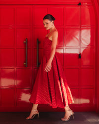 Mac Duggal #56273 red multi polka dot brocade midi dress lifestyle