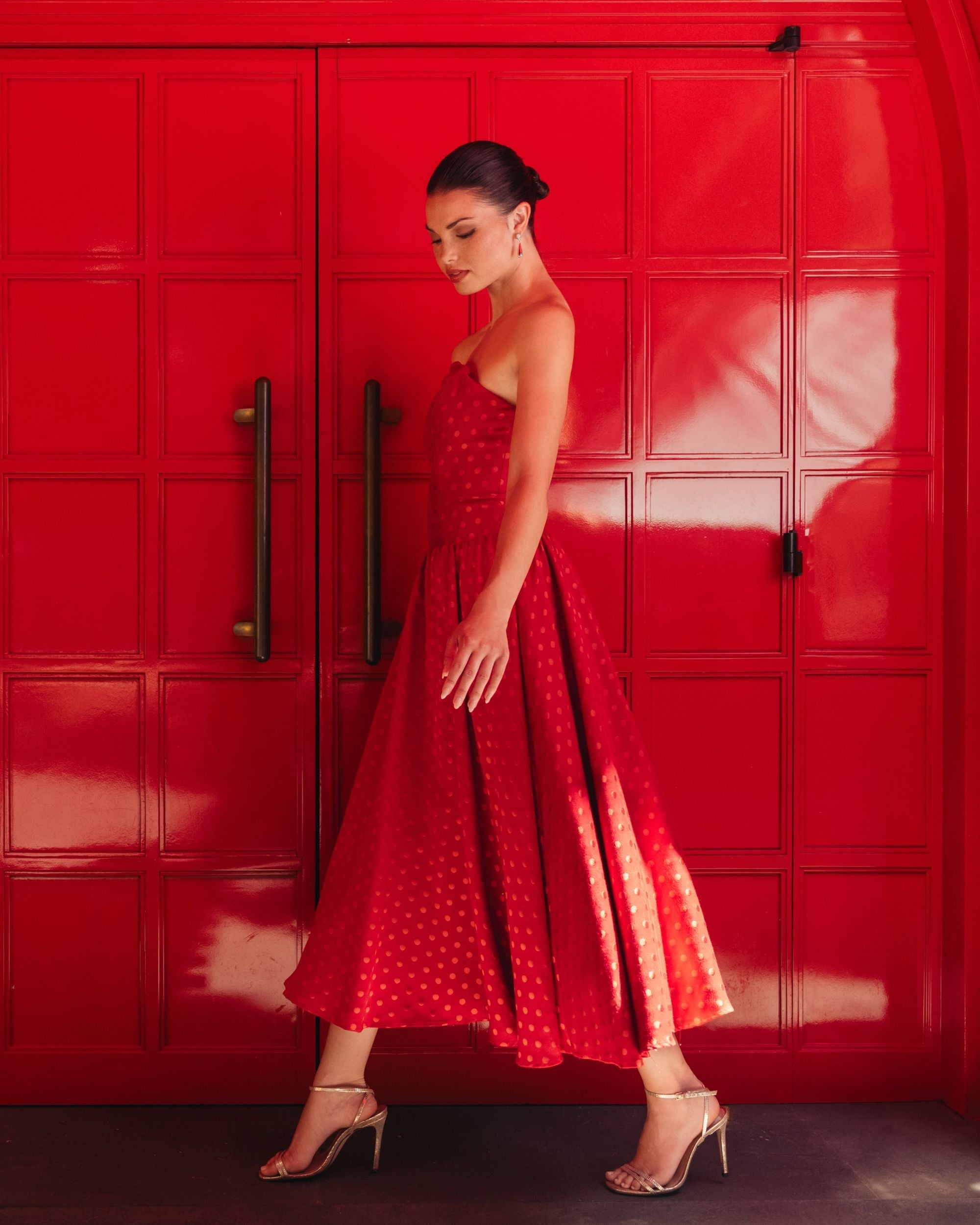 Mac Duggal #56273 red multi polka dot brocade midi dress lifestyle