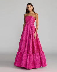 Ieena for Mac Duggal 56277 Hot Pink Strapless Floral Brocade Ball Gown with Waist Belt and Pockets