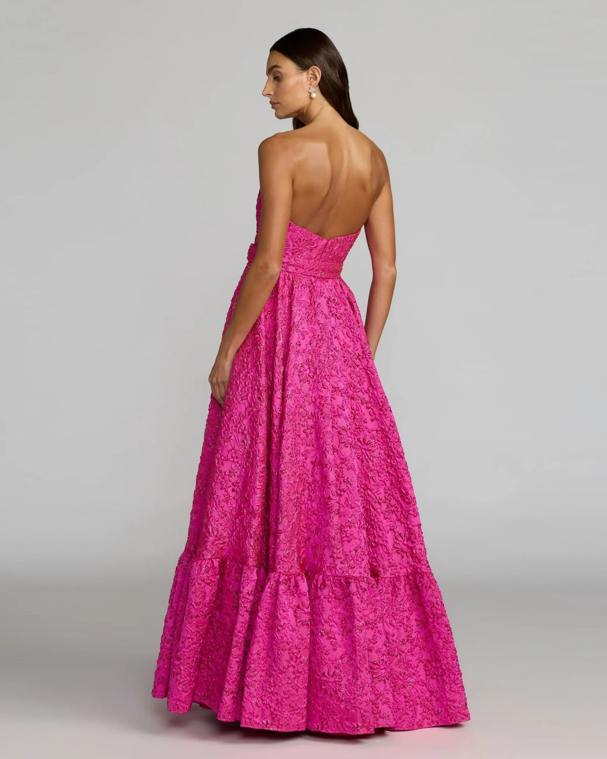 Ieena for Mac Duggal 56277 Hot Pink Strapless Floral Brocade Ball Gown with Waist Belt and Pockets