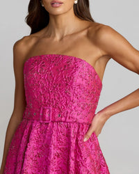 Ieena for Mac Duggal 56277 Hot Pink Strapless Floral Brocade Ball Gown with Waist Belt and Pockets