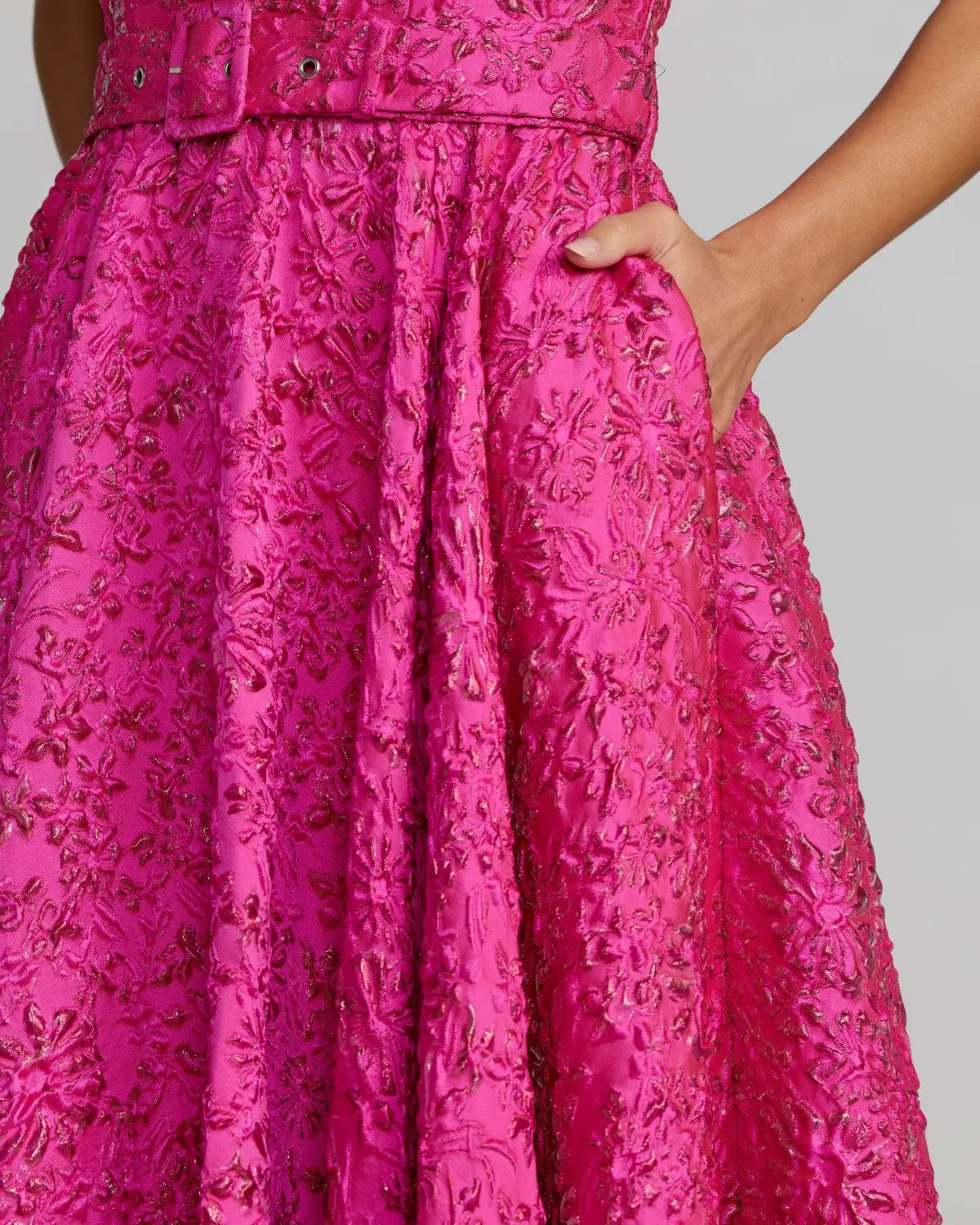 Ieena for Mac Duggal 56277 Hot Pink Strapless Floral Brocade Ball Gown with Waist Belt and Pockets