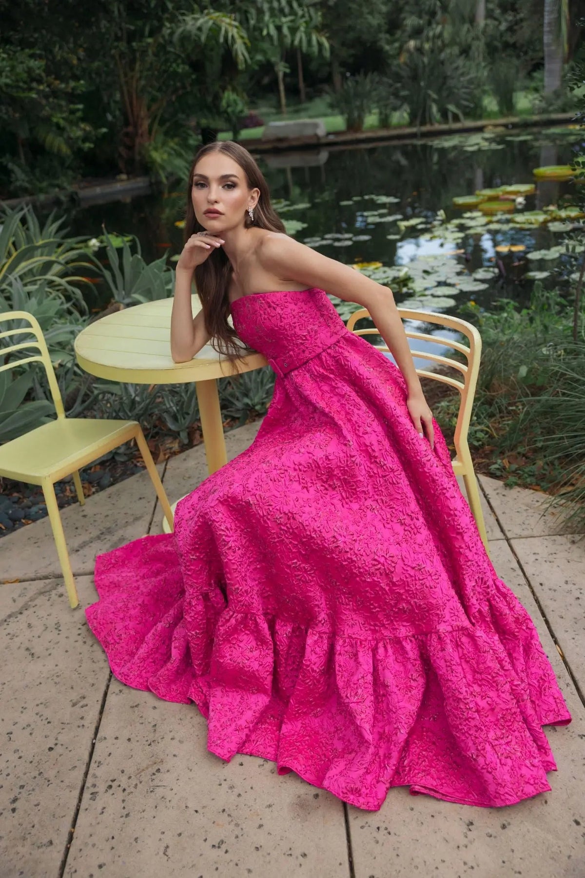 Ieena for Mac Duggal 56277 Hot Pink Strapless Floral Brocade Ball Gown with Waist Belt and Pockets