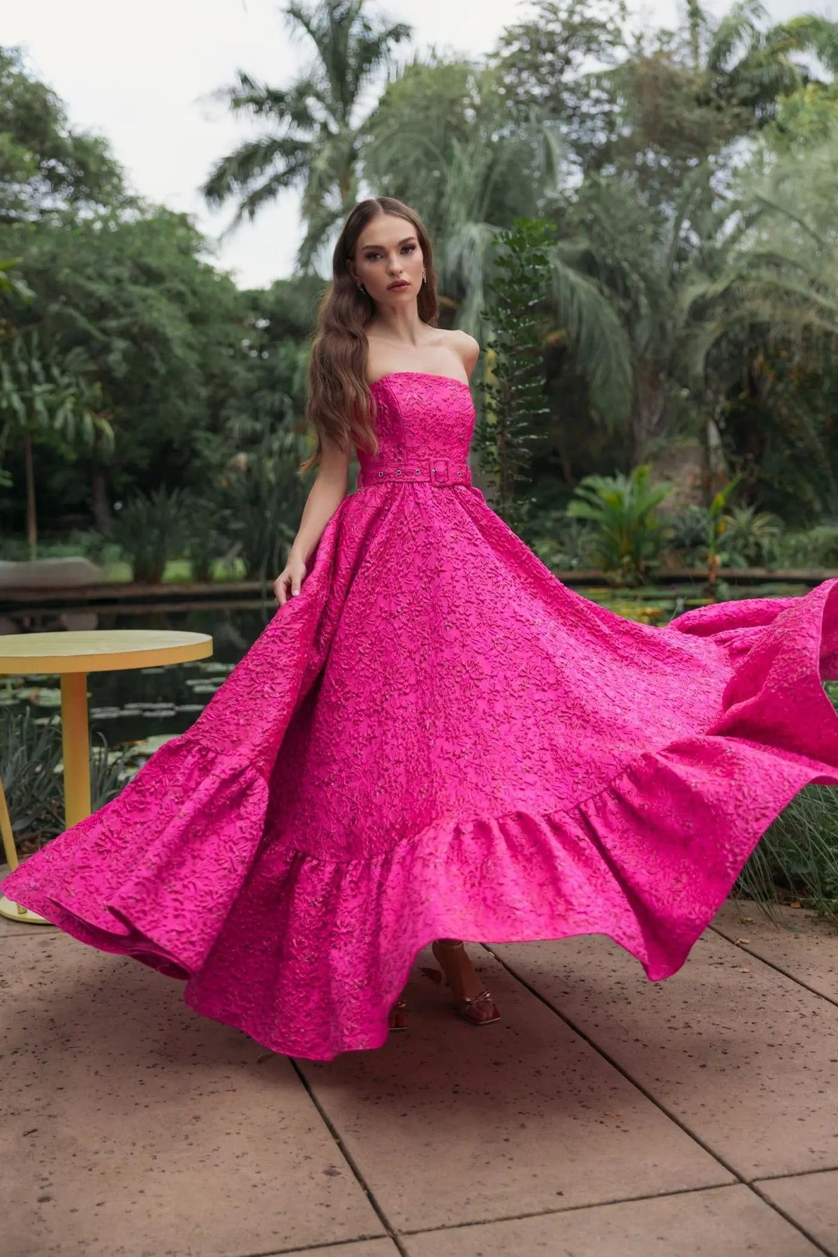 Ieena for Mac Duggal 56277 Hot Pink Strapless Floral Brocade Ball Gown with Waist Belt and Pockets