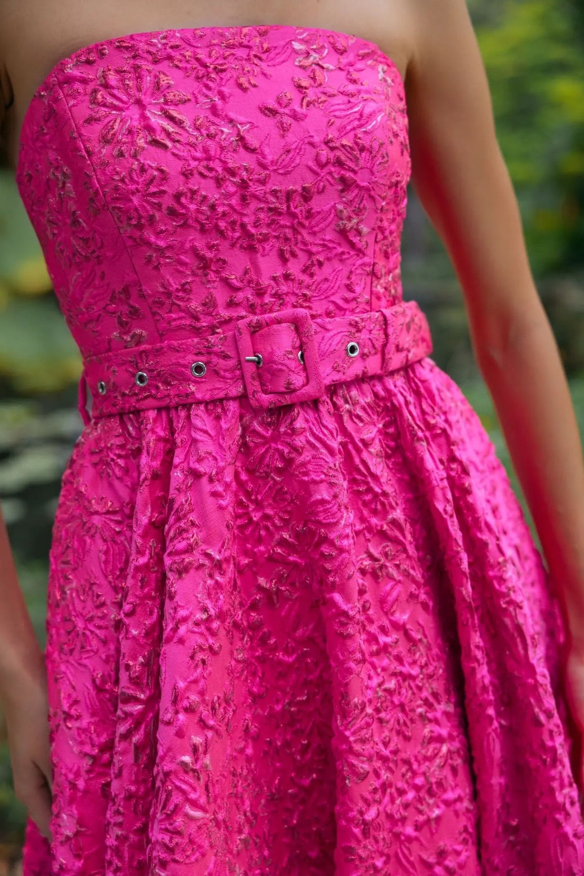 Ieena for Mac Duggal 56277 Hot Pink Strapless Floral Brocade Ball Gown with Waist Belt and Pockets