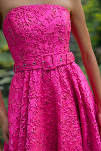 Ieena for Mac Duggal 56277 Hot Pink Strapless Floral Brocade Ball Gown with Waist Belt and Pockets