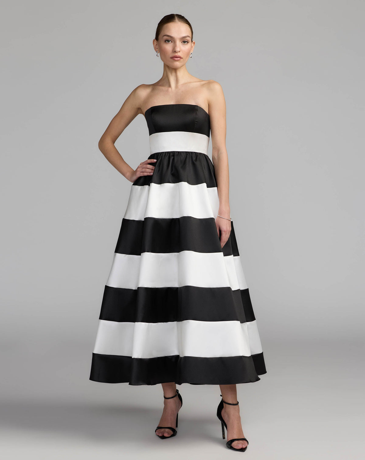 Black and white striped strapless mikado midi dress