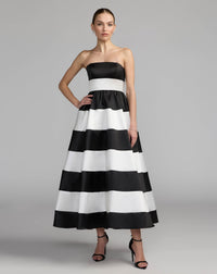 Black and white striped strapless mikado midi dress