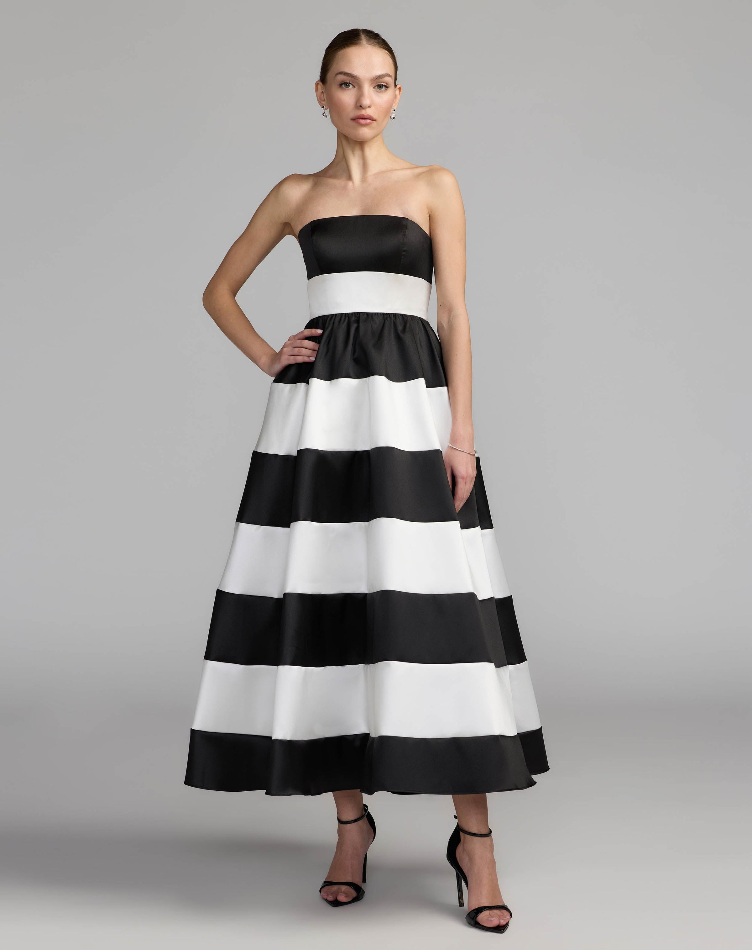 Black and white striped strapless mikado midi dress