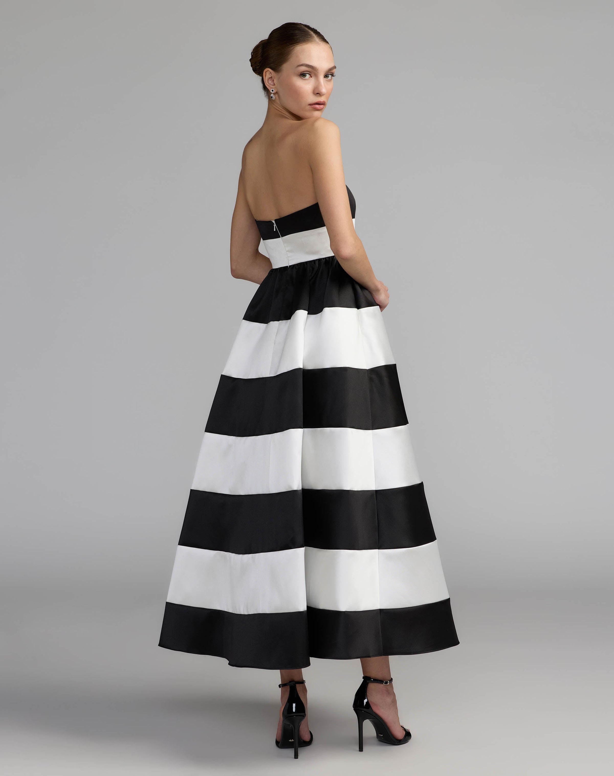 Black and white striped midi dress back