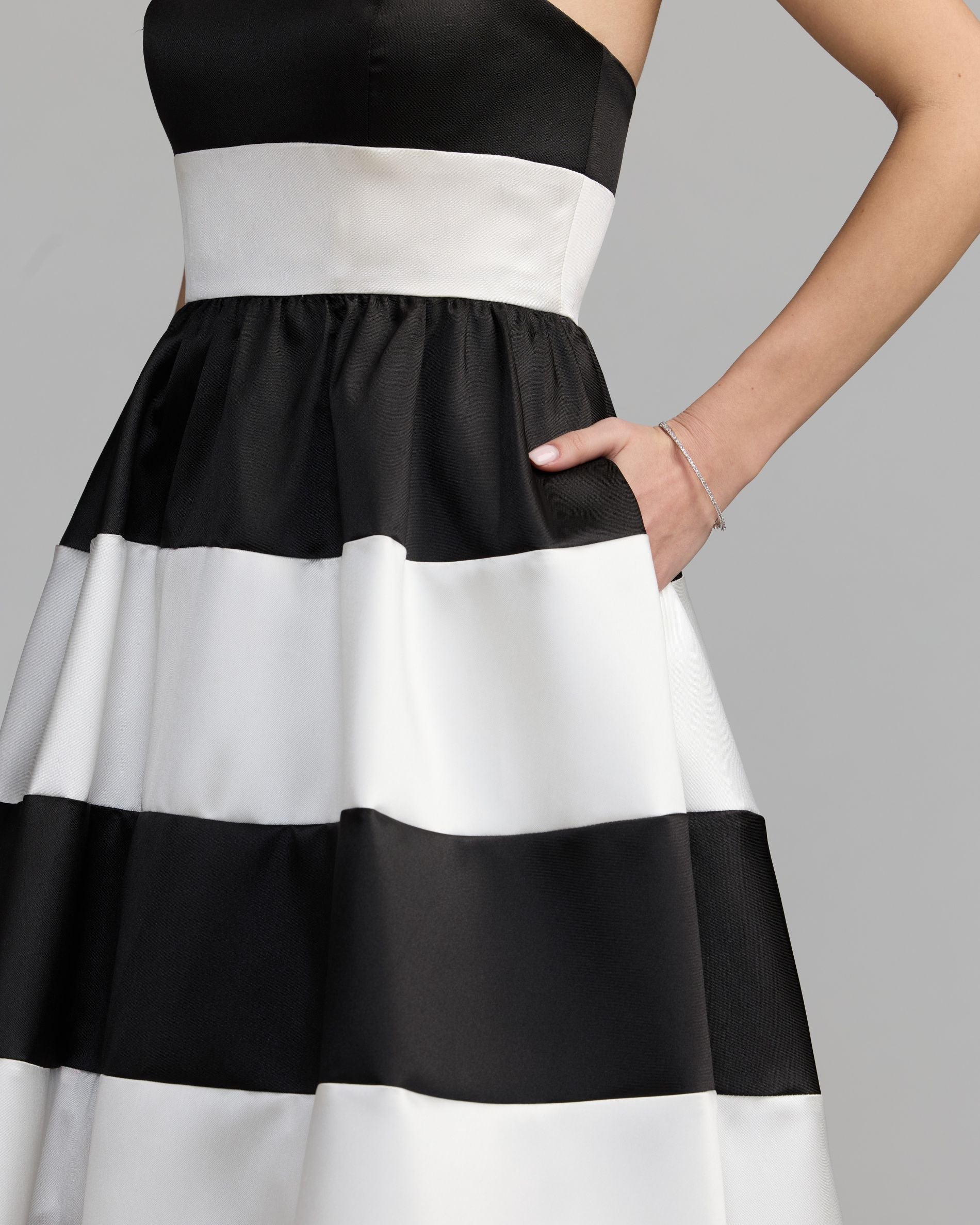 Black and white striped midi dress close up