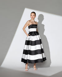 Black and white striped midi dress lifestyle