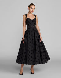 Mac Duggal #56282 black polka dot belted midi dress