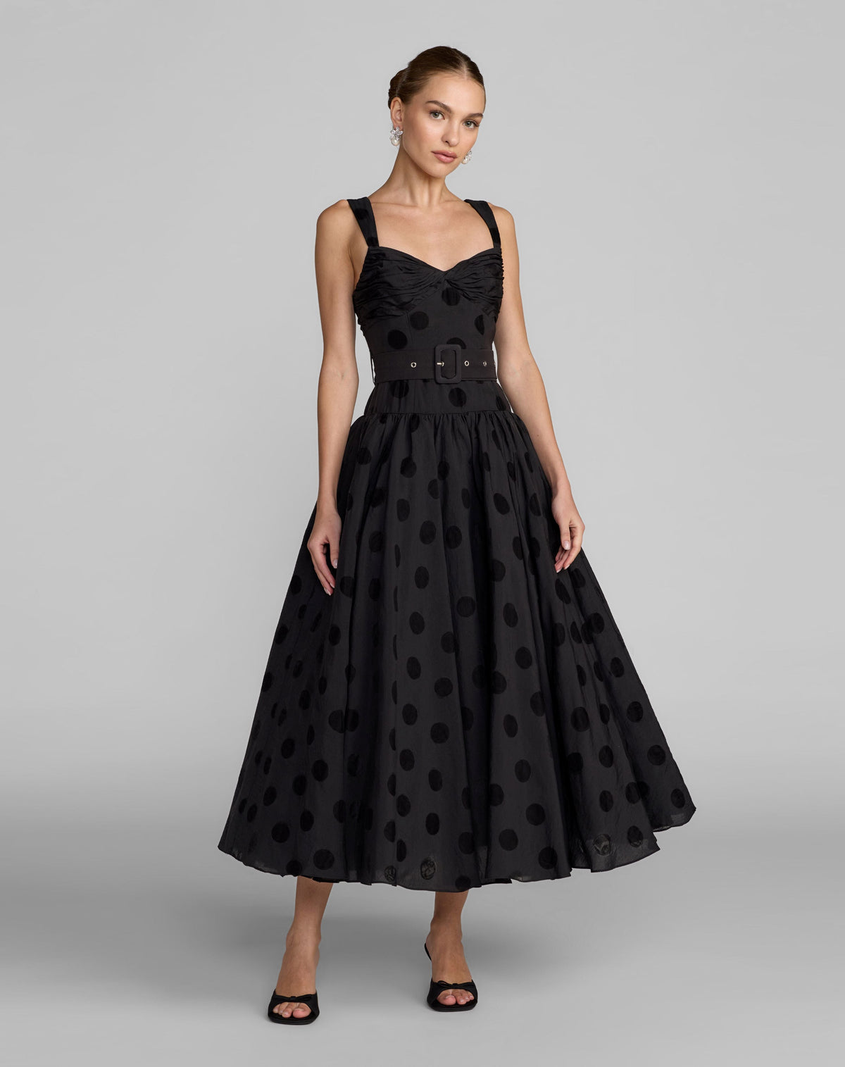 Mac Duggal #56282 black polka dot belted midi dress