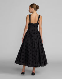 Mac Duggal #56282 black polka dot belted midi dress back
