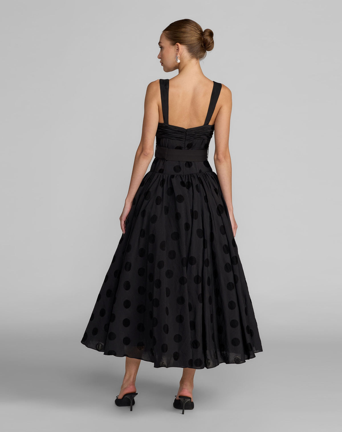 Mac Duggal #56282 black polka dot belted midi dress back