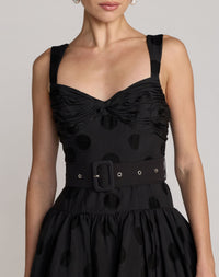 Mac Duggal #56282 black polka dot belted midi dress close-up