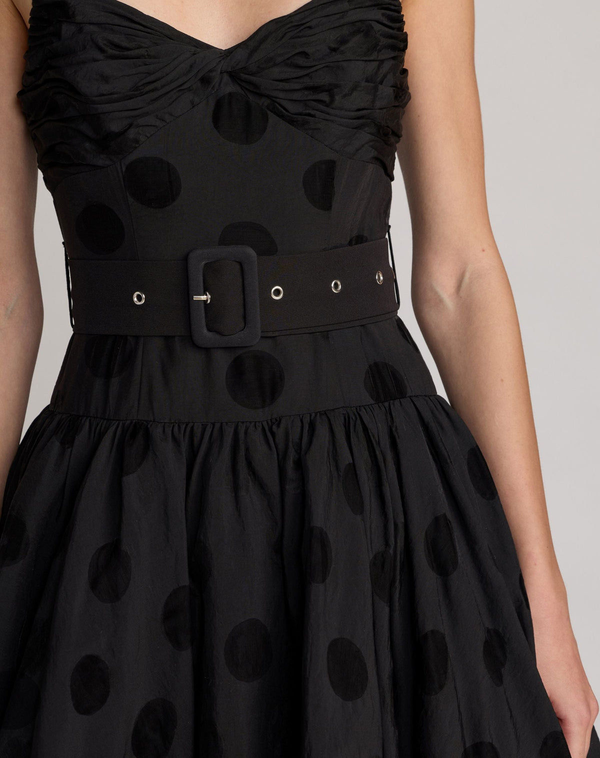Mac Duggal #56282 black polka dot belted midi dress detail