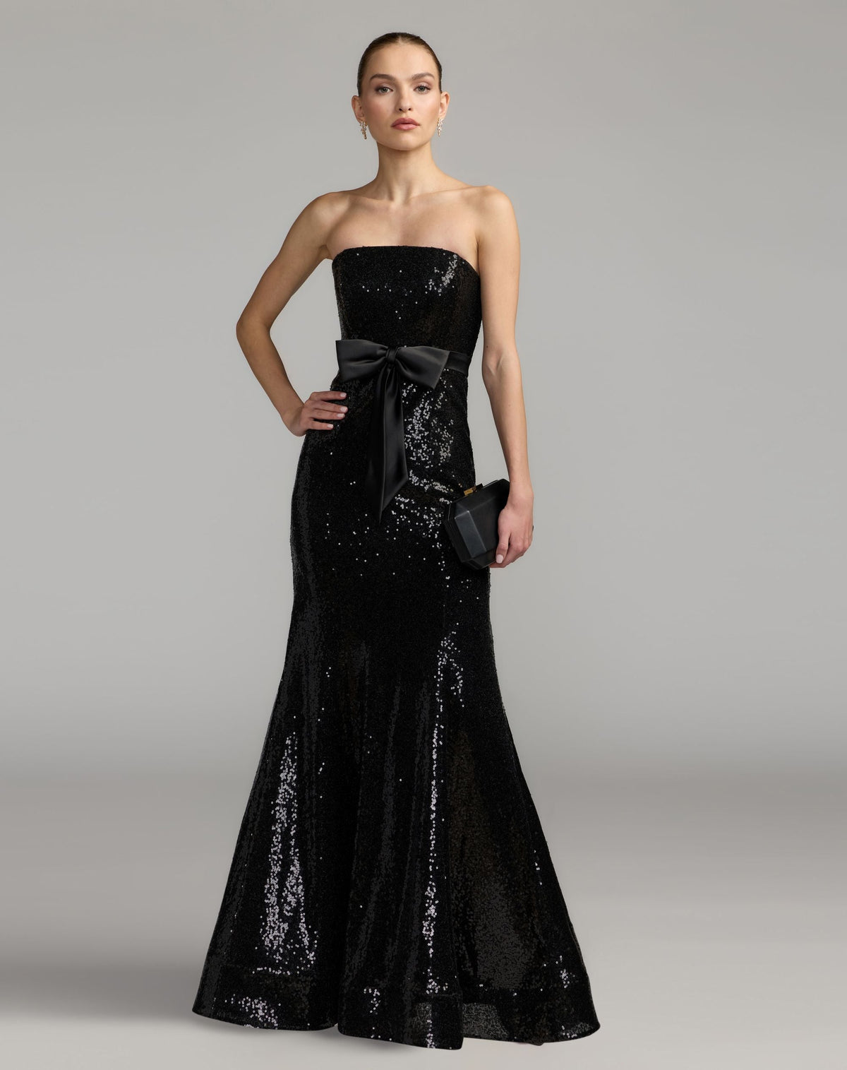 Mac Duggal #56288 black strapless sequin trumpet gown with bow detail