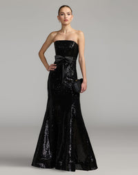 Mac Duggal #56288 black strapless sequin trumpet gown with bow detail