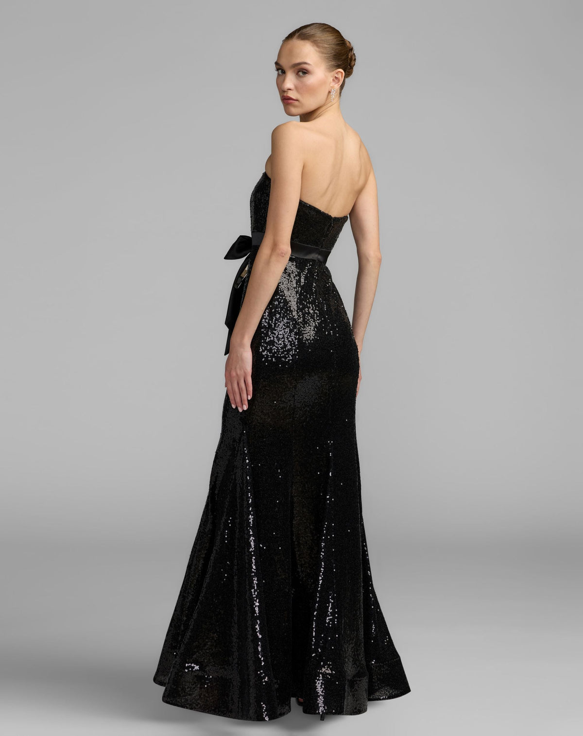 Mac Duggal #56288 black strapless sequin trumpet gown back view
