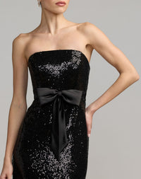 Mac Duggal #56288 black sequin gown satin bow close-up