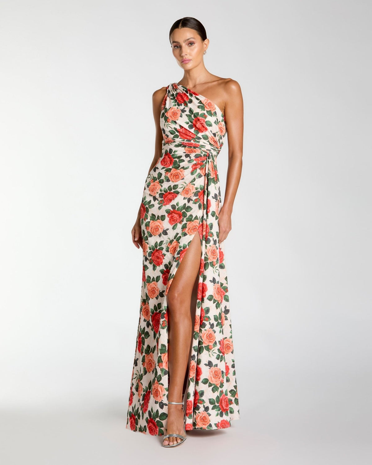 Floral One Shoulder Slit Gown